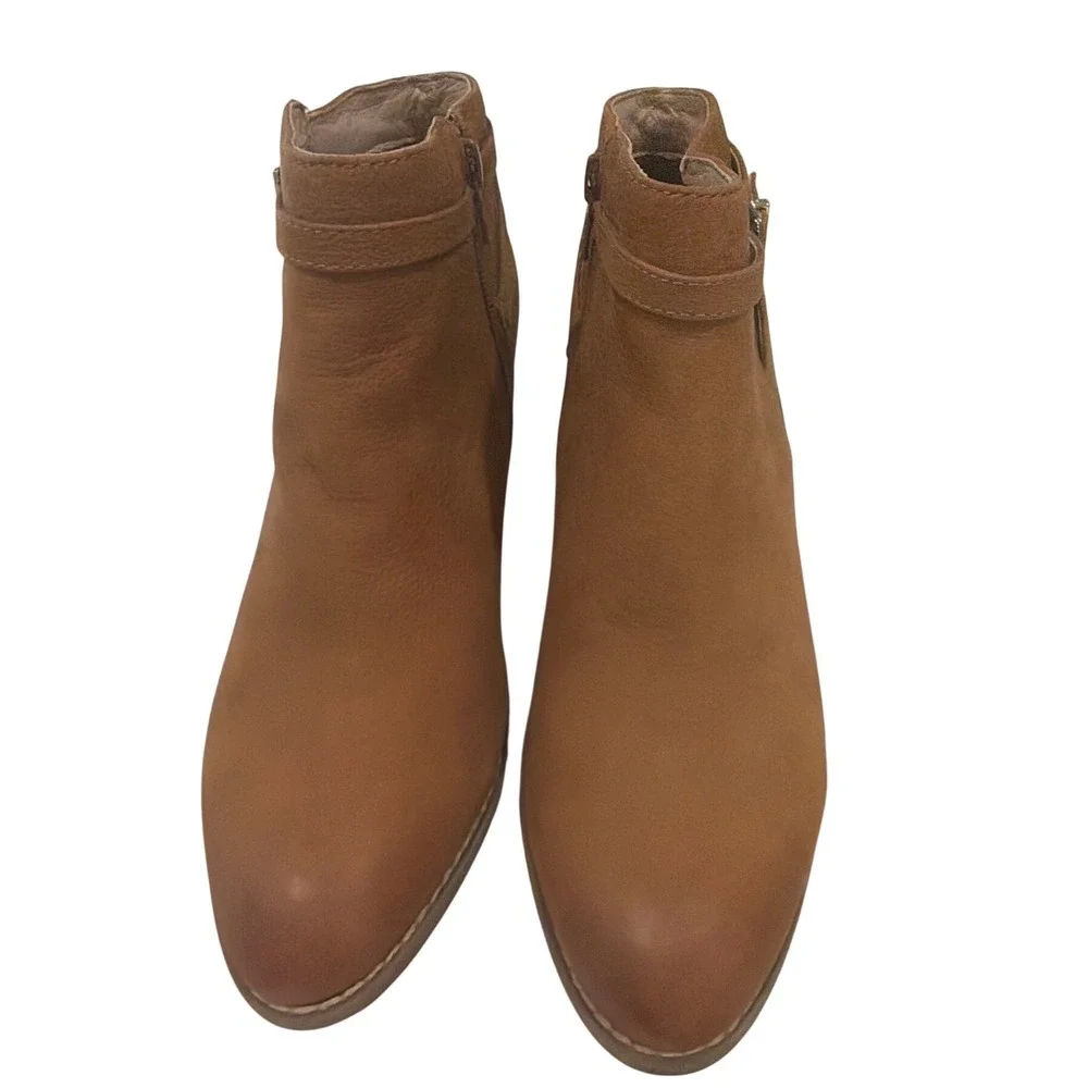 Vionic Upton Tan Leather Ankle Boots Block Heel Buckle Zip Women's 8